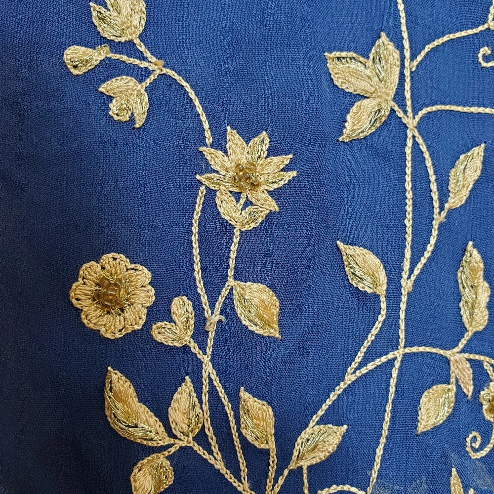 VINTAGE NWOT Royal Blue Semi Sheer, Gold Embroider